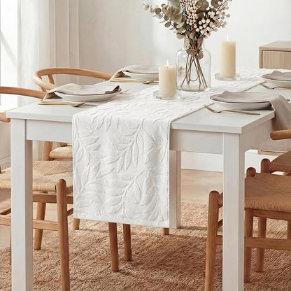 Artoid Mode White Soft 3D Jacquard Leaves 100%Cotton Spring Table Runner - Image 3