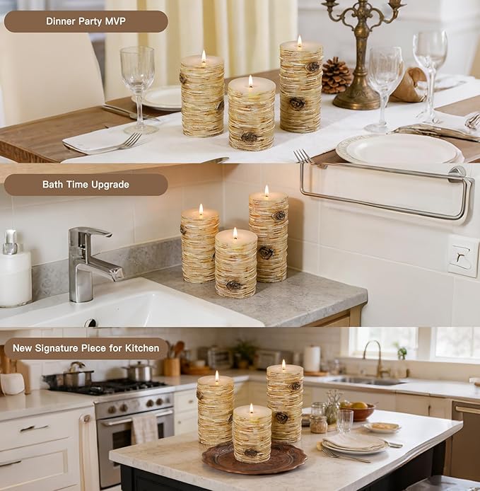 Birch Bark Texture Pillar Candles Set - Real Wax 3 Sizes (4", 5", 6" Tall) Rustic Decor Fireplace Candles, Unscented Woodland Style Pillar Candle for Modern Farmhouse, Dining Table, Holiday Decor