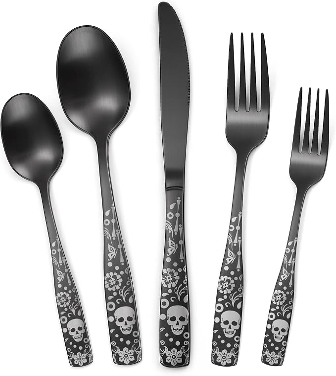 Pattern Matte Silverware Set for 8, 40 Piece Gothic Black Flatware set - Image 3