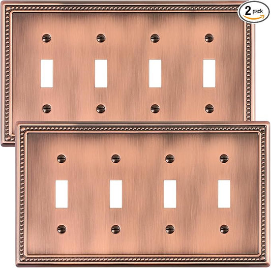 2-Pack Quad Toggle Light Switch Cover Plate, 4 Gang Metal Switch Plate Covers, Antique Copper Pearls Decorative Wall Plate, Corrosion Resistant