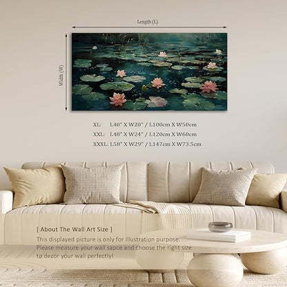ADJUVANT Wall Art Impressionist Water Lily Pond 60" L x 30" W, Pink Lotus Flowers on Dark Blue Water Canvas Painting Nature Artwork Prints Wall Decor for Living Room Bedroom Bathroom Home Office
