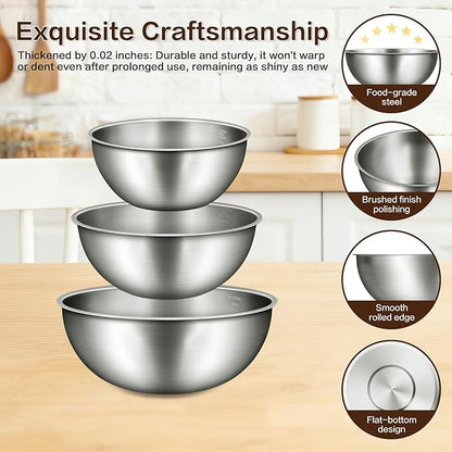 3-Piece Stainless Steel Mixing Bowls Set, 2.4, 3.2 & 4.9 Qt with Measurement Marks, Food Grade 304, Dishwasher Safe & Stackable for Baking, Tossing Salads, and Meal Prep for Your Kitchen