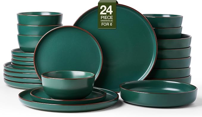 Famiware Mercury 24-Piece Stoneware Plates and Bowls, Dark Green | Dinnerware by Famiware