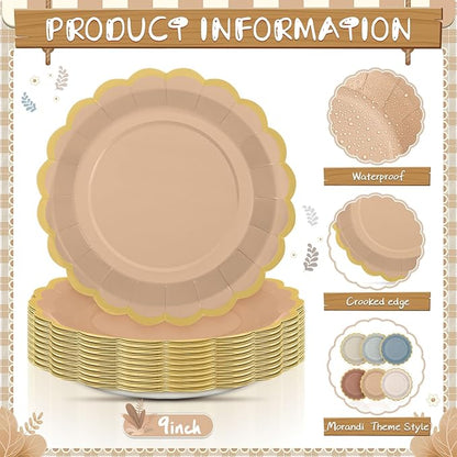 48 Pcs Morandi Color Paper Plates 9 Inch Pastel Scalloped Disposable Colored Boho Dinner Dessert Paper Plates for Birthday Wedding Bridal Party Supplies, 6 Colors