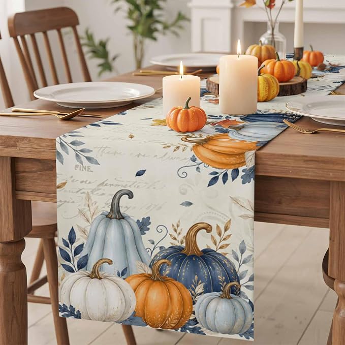 Blue Pumpkins Fall Table Runner 72 Inches Long, Thanksgiving Eucalyptus Leaves - Image 2