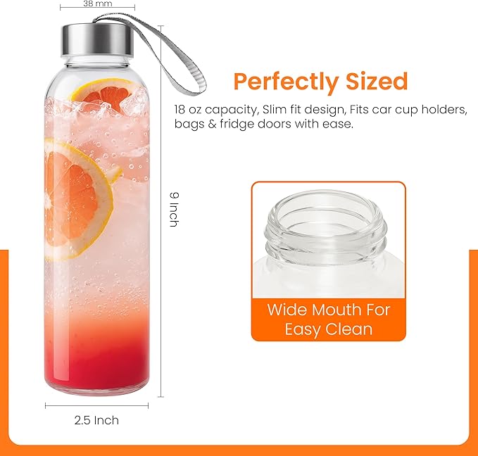 Epica Clear Glass Bottles with Lids, 18 oz Water Bottles, Loop Caps | Reusable - Image 2