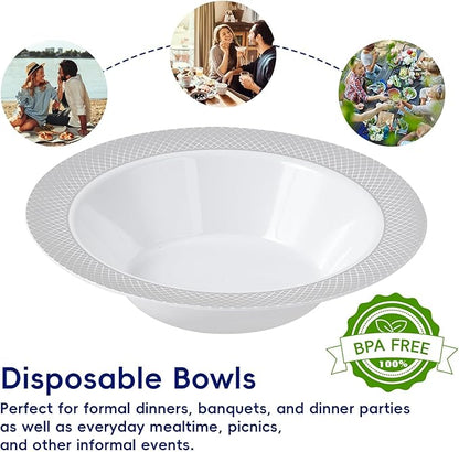 JOLLY CHEF 50 Pack Plastic Bowls with Silver Rim, 12 oz Disposable Soup Bowls, Heavy Duty Plastic Dinner Bowl for Weddings, Party, Dinners, Catering, Christmas and Everyday Use
