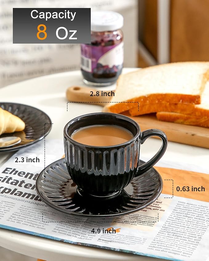 Hasense Ceramic Cappuccino Cups and Saucers - 8 Oz - Image 3