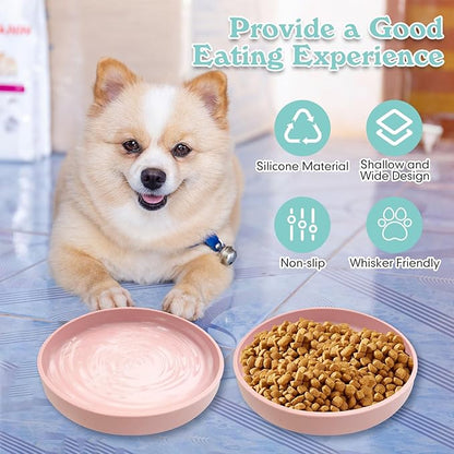 Silicone Dog Bowl Shallow Cat Food Bowls 7" Wide Puppy Plates Whisker Fatigue Pet Feeding Dishes Set of 2 for Dry Food and Wet Food Indoor (Round Pink)