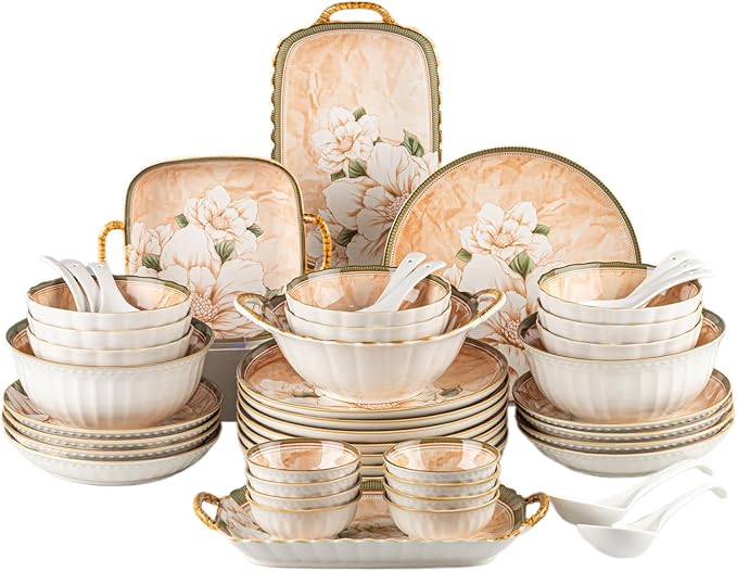 Ceramic Dinnerware Set, Floral Plates and Bowls Sets, Microwave & Dishwasher by FANGJING