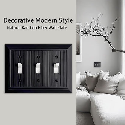 Beadboard Outlet Covers Wall Plates, Bamboo Fiber Light Switch Covers, Natural Material Electric Receptacle Decorative Switch Plate Outlet Cover Matte Black (3 Gang Toggle 1 Pack)