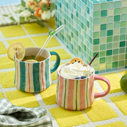 Striped Ceramic Coffee Mugs Set of 2, Tea & Cocoa, 12oz Dishwasher & Microwave - Image 3
