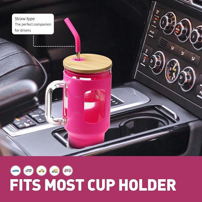 WINSA Glass Tumbler with Straw and Lid, Rose Red, 40 oz | Iced Coffee Cup with - Image 5