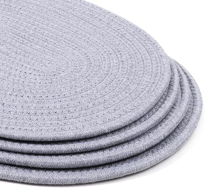 Braided Placemats Set of4 Cotton Fabric Oval Table Mats Non Slip Washable 16 * 12 inch Oval Place Mats, 4 Pack Grey Woven Placemats