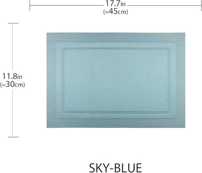 PIGCHCY Heat Insulation Non Slip Plastic Placemats,Washable Easy to Clean Woven Vinyl Kitchen Stain Resistant Placemats for Dining Table Set of 4(Sky Blue)
