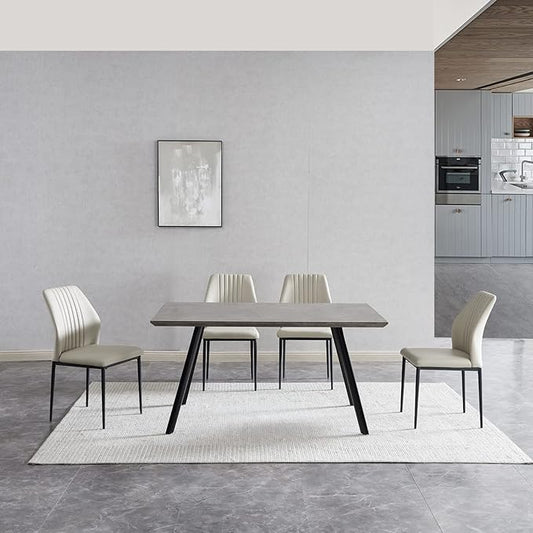 ZckyCine Modern 5-Piece Kitchen Table Set Rectangular Wood Dining Table with 4 Upholstered Leather Chairs (46.5" Table + 4 White Chairs)