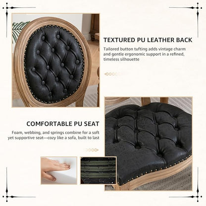 Vintage French Dining Chairs Set of 6, Round Back PU Leather Upholstered Side Chairs with Nailhead Trim and Solid Wood Frame, Sillas de Comedor for Dining Room & Kitchen, Black