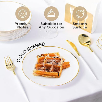 FOCUSLINE 100 Count Gold Plastic Plates 7 Inch, Disposable Heavy Duty Salad Dessert Plates, Premium Hard Plastic Plate Disposable with Gold Rim for Wedding Parties