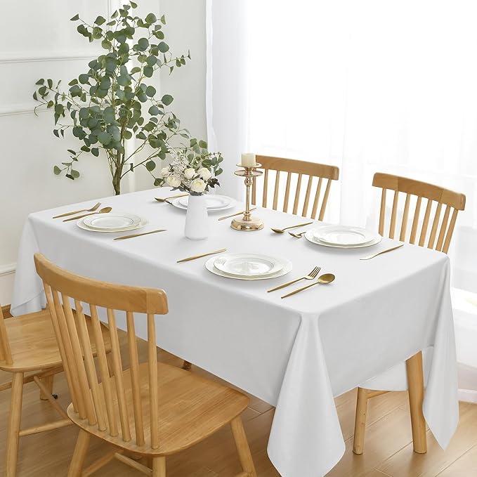 JIUZHEN Faux Linen Farmhouse Tablecloth Rectangular, Wrinkle Stain Resistant Table Cloth Rectangle Table Cover for Kitchen Dining, Holiday Party Dinner, White, 52 x 70 Inch