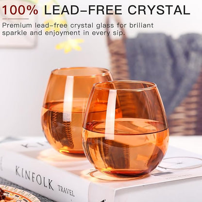 Brown Stemless Wine Glasses Set of 6-15 oz -Modern Hand-Blown Wine Glasses, European Design Crystal Glass For Red & White Wine, Unique Gifts for Wedding, Birthday