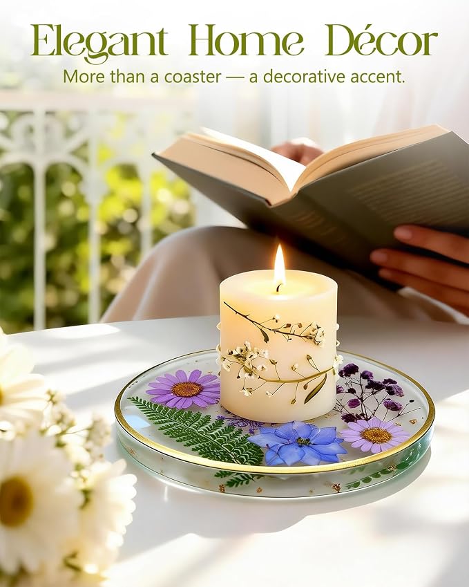 Oqplog Resin Drink Coaster for Desk Coffee Table-Purple Cute Dried Flowers Cup - Image 5