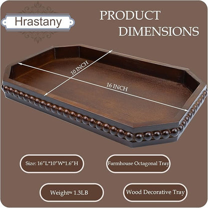 Retro Brown Wood Serving Tray with Beads, Farmhouse Decorative Tray for Table Centerpiece, Christmas Wedding Halloween Home Decor
