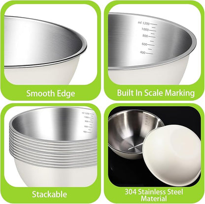 12 Pcs 1.3qt Stainless Steel Mixing Bowls Nesting Metal Prep Salad Bowls with Scale Reusable Baking Cooking Food Soup Storage Organizers for Kitchen Refrigerator