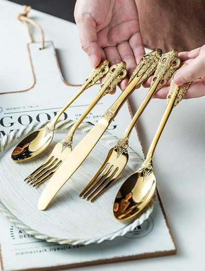 Gold Silverware Set for 6 Premium 18/10 Stainless Steel Flatware Set Palace Style 30 Piece Cutlery Tableware Utensils Embossed Decorative Handle Knives Forks and Spoons for Home Christmas Wedding