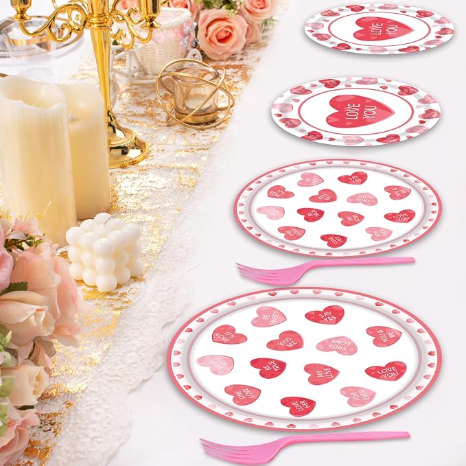 96 Pieces Valentine’s Day Tableware Set – Red and Pink Heart Message Disposable - Image 7