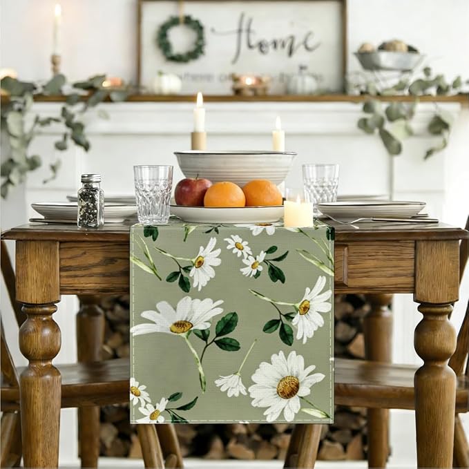 Olive Green Daisy Flowers Spring Table Runner, Table Runners 72 Inches Long | - Image 3
