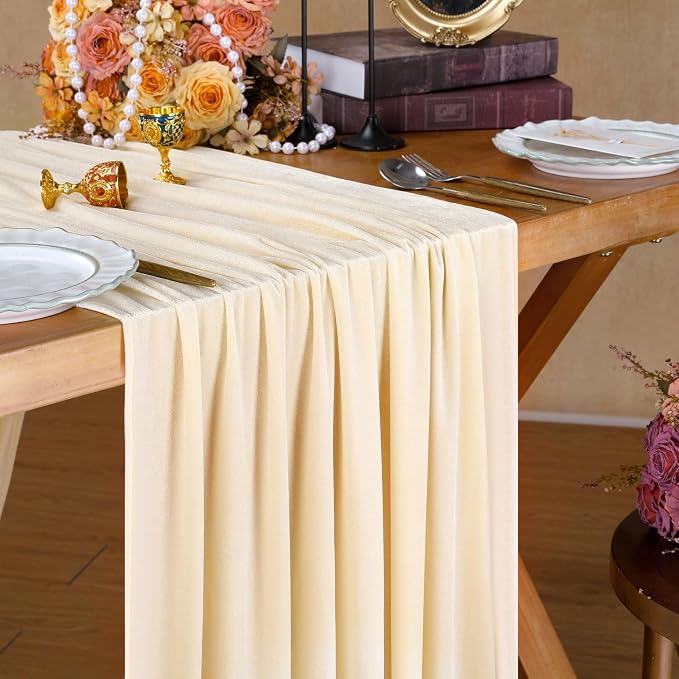 Beige Velvet Table Runner 29 x 120 Inch Luxury Farmhouse Tabletop | 3 Pieces - Image 5