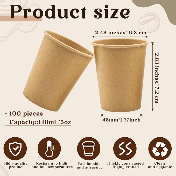 100 Pack 5oz Mini Coffee Cups Disposable Paper Cups Hot or Cold Beverage Cup - Image 2