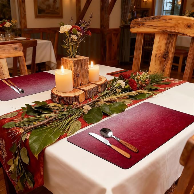 Classic Red Leather Effect Placemats Set of 6, Vinyl Faux Leather Place mats - Image 2