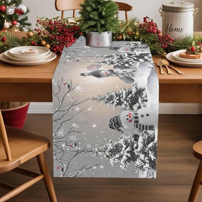 Christmas Snowman Table Runners 108 Inches Long, Cotton Linen Fabric Snowflake - Image 5
