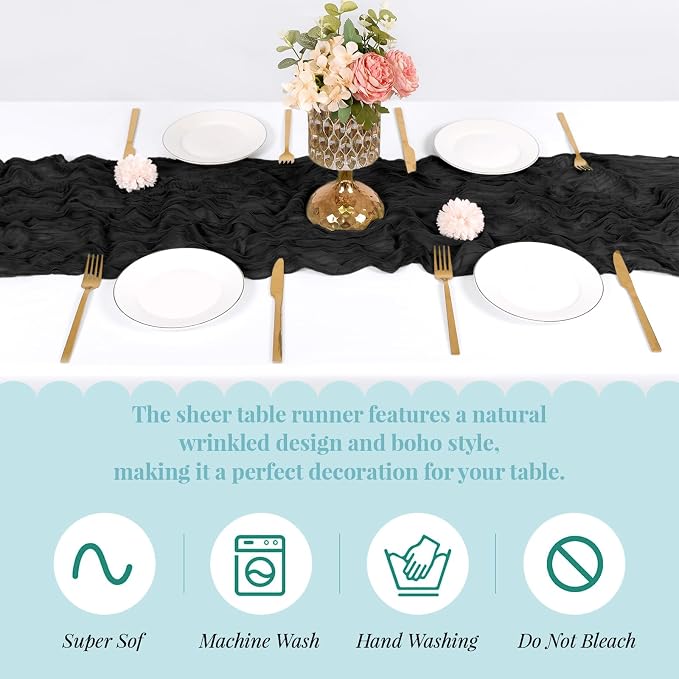 3 Pack Black Cheesecloth Table Runner, 17 x 108 Inch, Gauze Cheese Cloth Table - Image 5