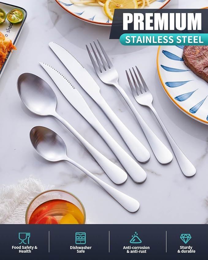 Matte Gold Silverware Set with Steak Knives, 36-Piece Stainless Steel Flatware - Image 3