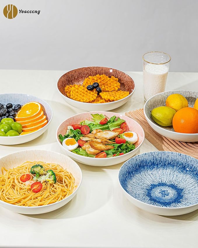 Yeacccng Pasta Bowls Set of 6, 8.7 Inch 39 Oz Colorful Reactive Glaze Ceramic - Image 5