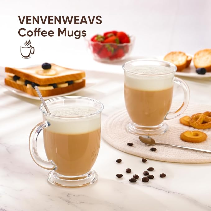 VENVENWEAVS Glass Coffee Mugs Set of 2, 15 OZ Lead-free Clear Coffee Cups - Image 2