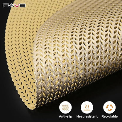 FAVE 6PCS Gold Vinyl Round Placemats, Wheat Sheaf Design 15 Inch Placemats Set of 6 Washable for Dining, Events, Banquet, Home & Daily Use (Gold Wheat,6pcs)
