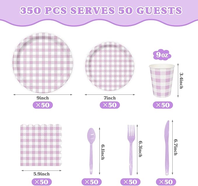 Vyntra 350 Pcs Lavender & White Checkered Gingham Paper Plates and Napkins Set - Image 3