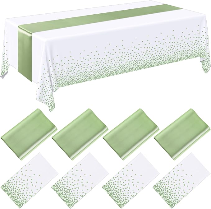8 Pack White and Sage Green Disposable Plastic Tablecloths and Satin Table by Breling