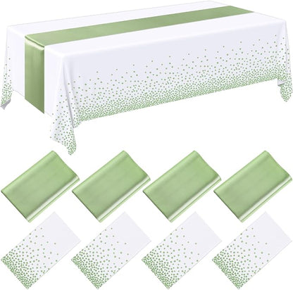 8 Pack White and Sage Green Disposable Plastic Tablecloths and Satin Table by Breling