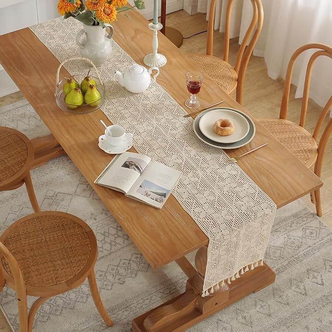 meioro Crochet Lace Table Runner, 12x78 Inch Boho Cotton Table Runners - Image 2