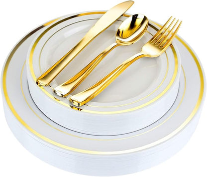 125-Piece White and Gold Fancy Plastic Plates Disposable by StockYourHome