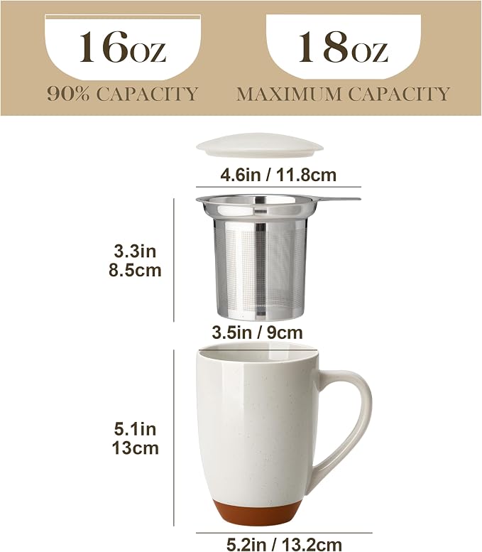 MALACASA Ceramic Tea Mug with Lid and Stainless Steel Infuser, 18 oz Large Tea - Image 2