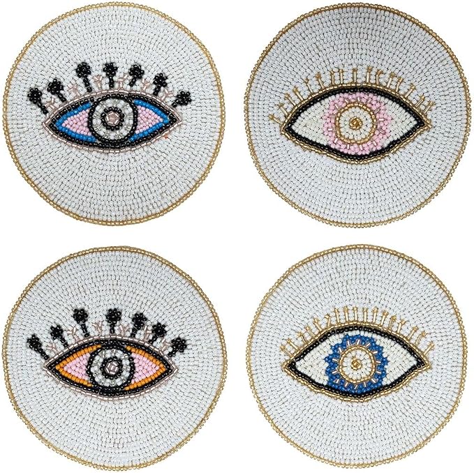 Folkulture Coasters Set of 4 | Beaded Hand-Crafted Evil Eye 2.0 Handmade Boho by FOLKULTURE