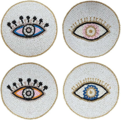 Folkulture Coasters Set of 4 | Beaded Hand-Crafted Evil Eye 2.0 Handmade Boho by FOLKULTURE