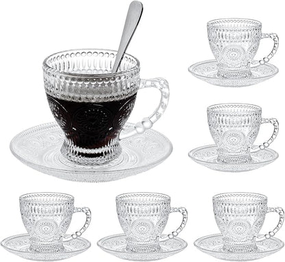 Glass Teacups and Saucers Set of 6, Vintage Coffee Mugs by GURUDAR