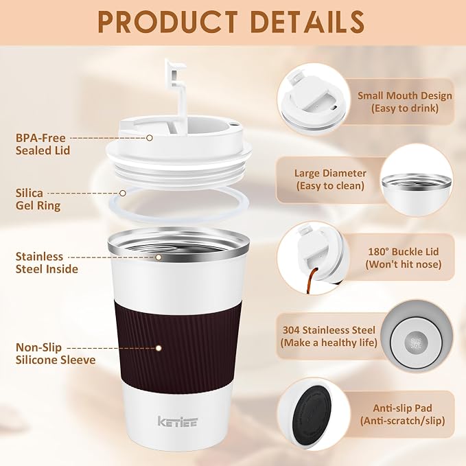KETIEE Travel Coffee Mug 12oz: Reusable Insulated Coffee Cup - Image 4
