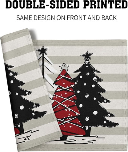 Xmas Tree Placemats Set of 4 Red Black Buffalo Plaid Pine Tree Non-Slip Washable Place Mats Stripe Decoration Table Mats 12 x 18 Inch for Winter Tabletop Holiday Party